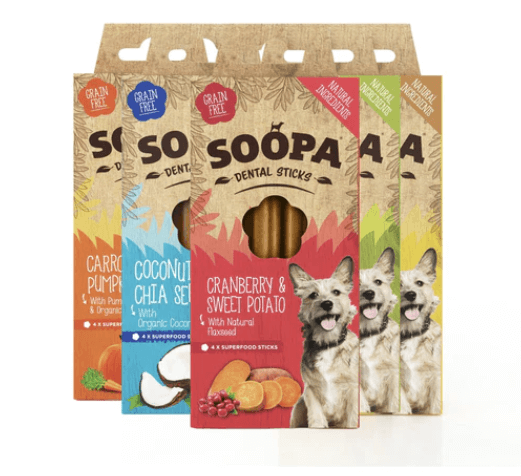 6 x Soopa dentals sticks, (1 af hver variant)